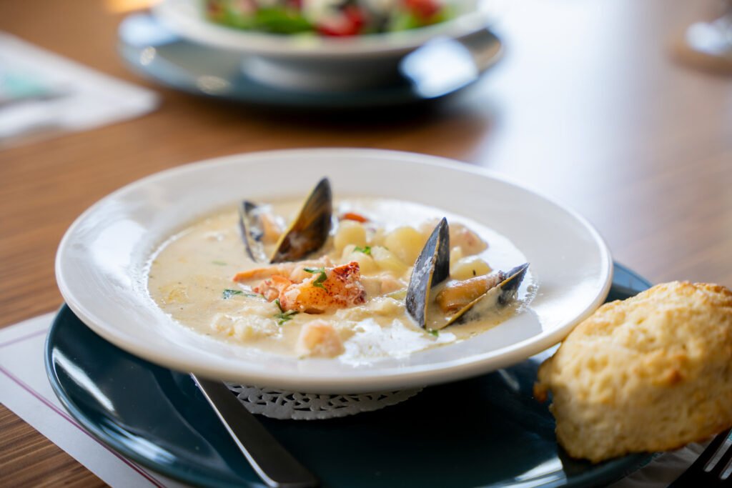 Nova Scotia seafood chowder with mussels, lobster and potato served with a biscuit